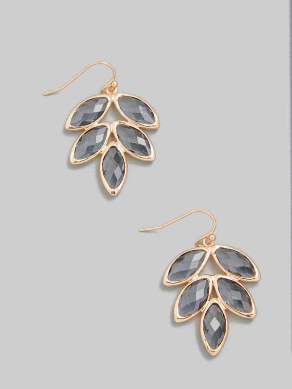 Gold-Tone Leaf Drop Earrings with Faceted Gray Stones